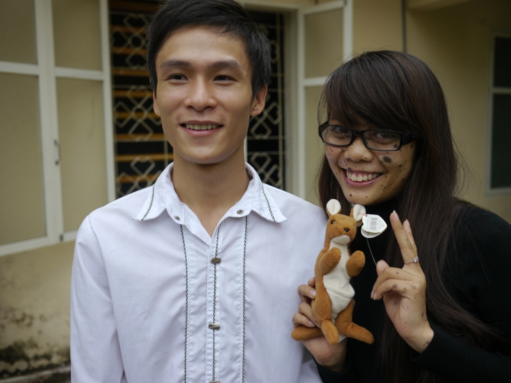 Nga (right, with Chen on left)  is a teenage medical student in Hanoi. Nga was born to a father who was a victim of Agent Orange during the Vietnam War. She was born with a chromosomal disorder, one symptom being dark blood spots all over her body. She is a member of the World’s Children’s Prize Child Jury where she represents children with functional disabilities; children that have been affected by poisonous substances used in war.